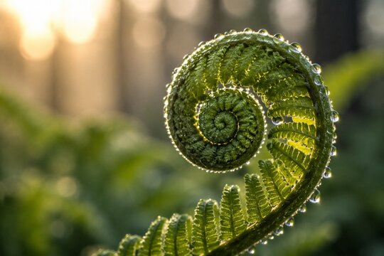 A silver fern frond unfurls at dawn with morning dew on its spiral.