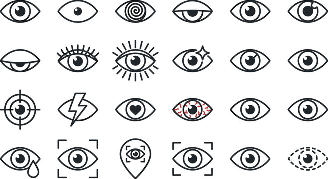 Human eye and vision outline icon set with biometric scanning target line vector graphic designs