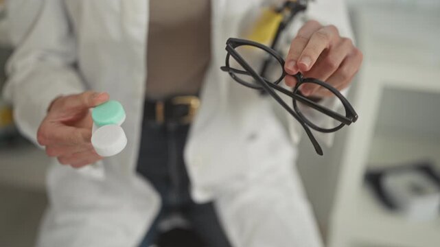 Woman optician holding black eyeglasses and a mint contact lens case with both hands in clinic building, demonstrating lens handling and care; trust precision.