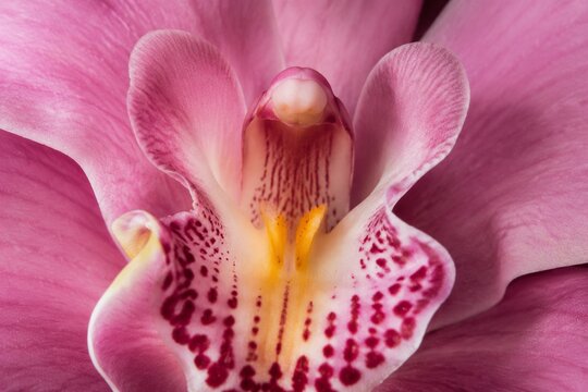 Macro close-up of an orchid flower center with pink petals.