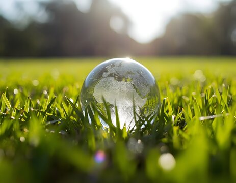 Glass globe sitting on green grass with a blurred background and sunlight shining through trees in the distance outdoors