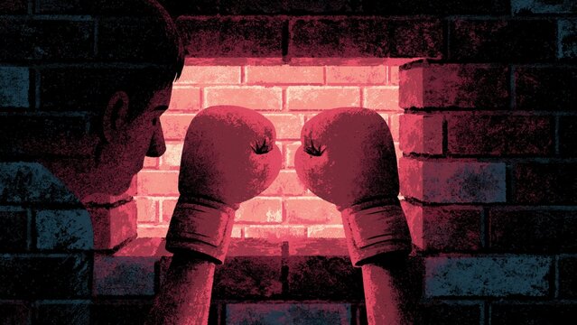 Boxer facing brick wall missing a section.