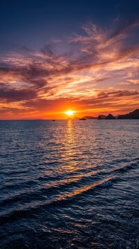 beautiful scenic colorful sunset over open deep blue sea water