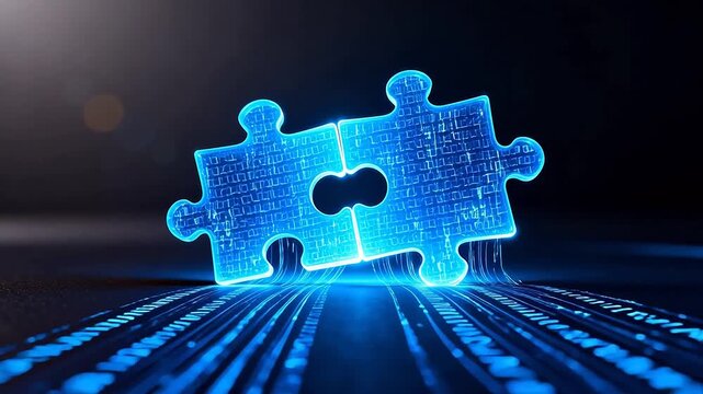 Blue glowing puzzle pieces with binary code