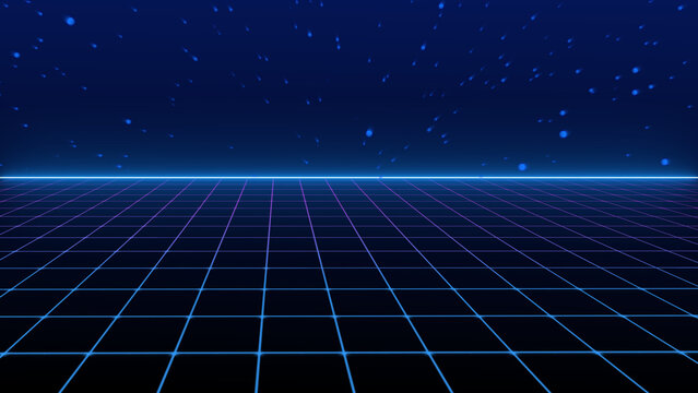 Neon grid horizon features a modern layout. This neon grid horizon represents network data security. Abstract neon grid horizon background template design.
