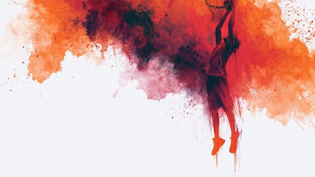 Basketball player dunking with red watercolor explosion.