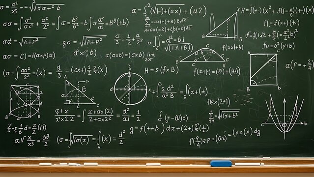 Mathematical formulas and graphs on chalkboard background.