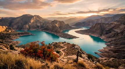 Fototapeta premium Serene turquoise lake nestled within rugged mountains at sunset