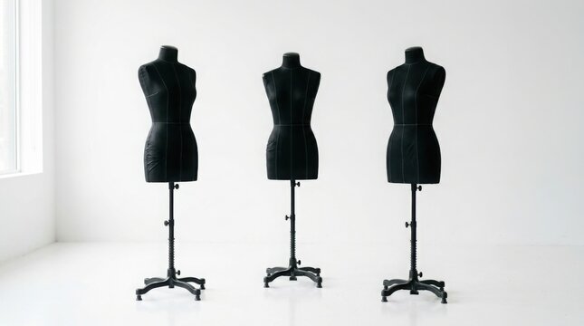 Three black dressmakers dummies standing in a row against a bright white studio background