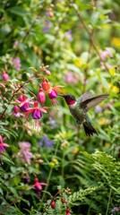 Fototapeta premium vibrant colorful hummingbird hovering near beautiful flower in nature wilderness