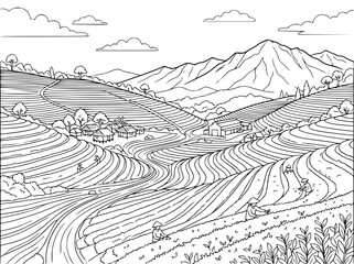 Fototapeta premium Terraced tea plantation landscape with mountain and workers line art illustration