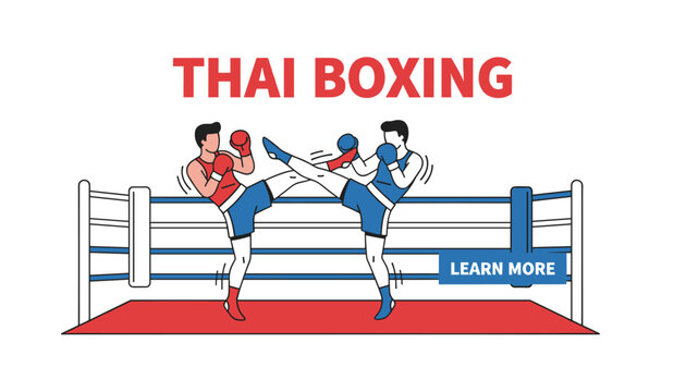 Thai boxing muay thai fighters sparring in a ring on a landing page banner design with learn more button.
