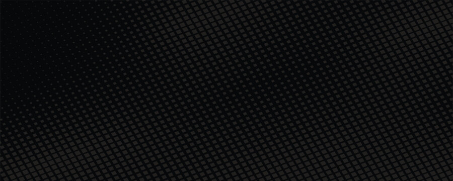 Abstract black halftone square pattern background. Dark monochrome pop art or comic book style vector geometric gradient texture backdrop for modern tech banners.