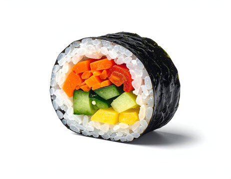 A cross section slice of Korean gimbap seaweed roll filled with colorful vegetables and rice