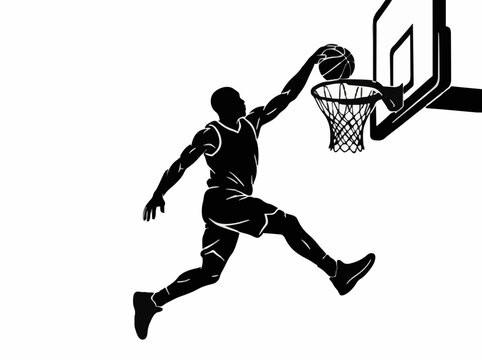 Basketball dunk black silhouette vector illustration. Athlete jumping for slam dunk, dynamic sports design isolated on white background.