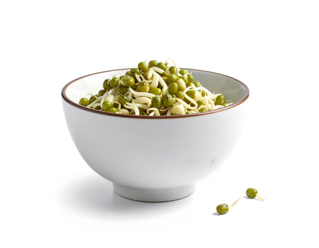 A small clean white ceramic bowl filled to the brim with fresh raw green mung bean sprouts on white backdrop