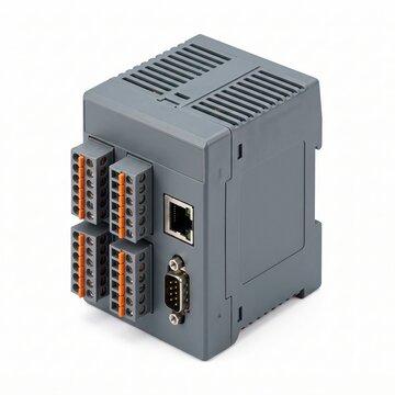 Compact industrial control unit with multiple input and output terminals, ready for integration. 