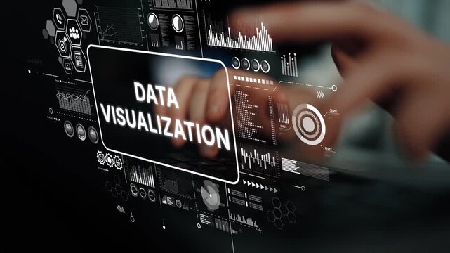 Hands Typing on Keyboard Surrounded by High-Tech Data Visualization Charts and Graphs in Modern Digital Environment. Asymptotic smart data analytic.