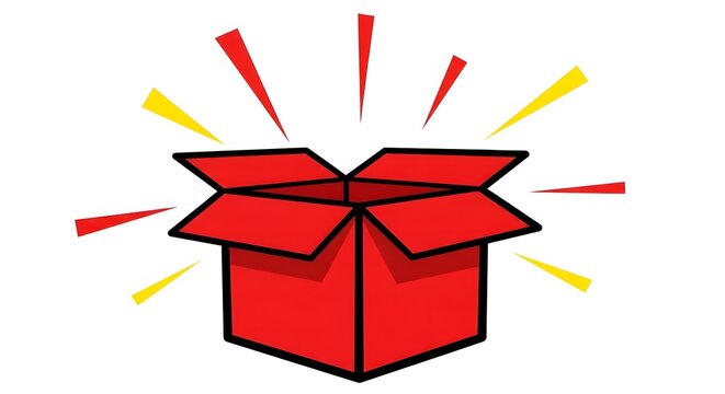 Open red cardboard box with starbursts illustration