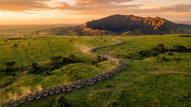 Aerial view of a large herd of zebras migrating across a green savannah at sunset