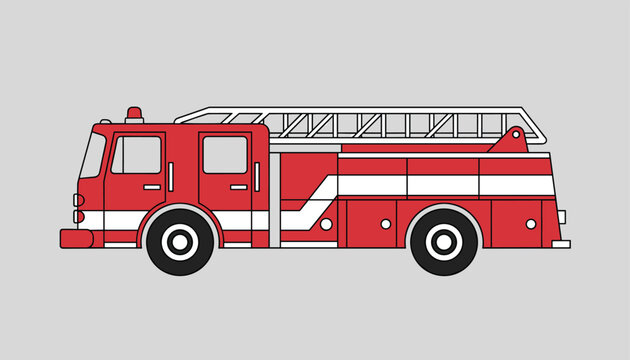 Side profile of a classic red fire engine truck equipped with a ladder, isolated on a light gray background.