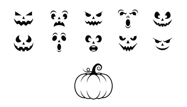 Various jack o lantern pumpkin face stencils for Halloween decorations showing different spooky and funny expressions.