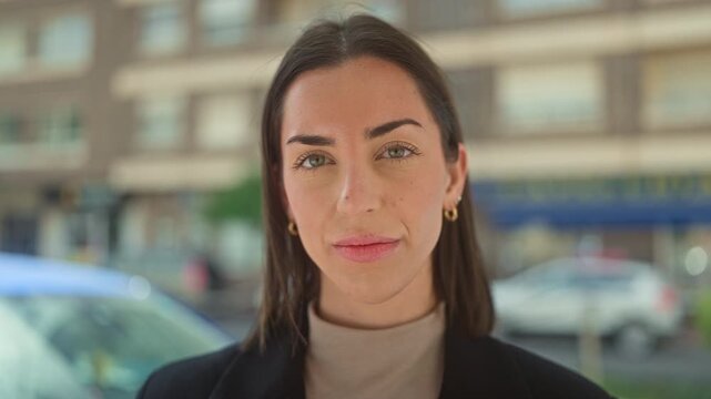 Young woman smiling with face framed in a close portrait on a busy street in front of a building, wearing blazer and turtleneck; confidence warmth.