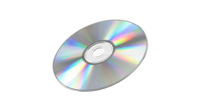 A shiny silver cd with a rainbow-colored reflection on a white background