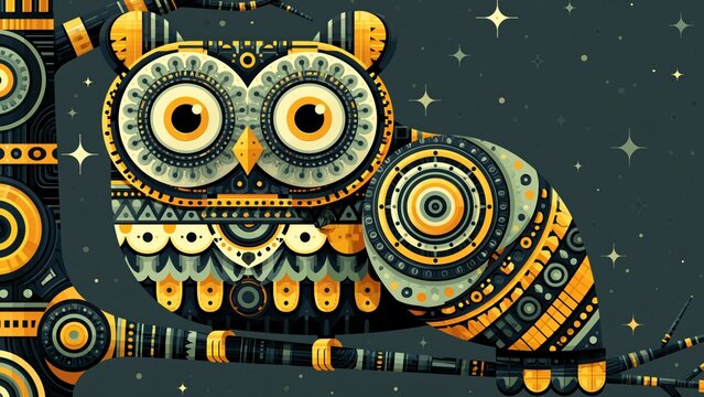 Complex geometric steampunk style owl on branch.