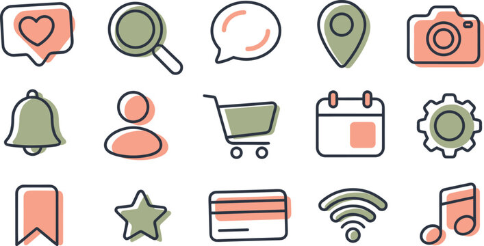 Vector cute hand drawn line icon set of social media and web interface elements featuring heart search location pin and camera