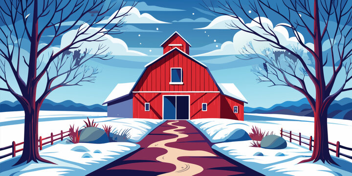 Red barn in a snowy winter landscape with bare trees and a winding path under a cloudy sky