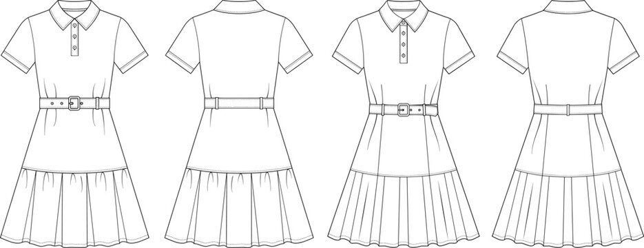 Women short sleeve polo dress with belted waist and pleated hem vector technical sketch template for fashion design