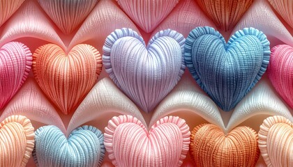 Fototapeta premium Colorful hearts are arranged in a pattern on a decorative background with blue, purple, and orange hues.