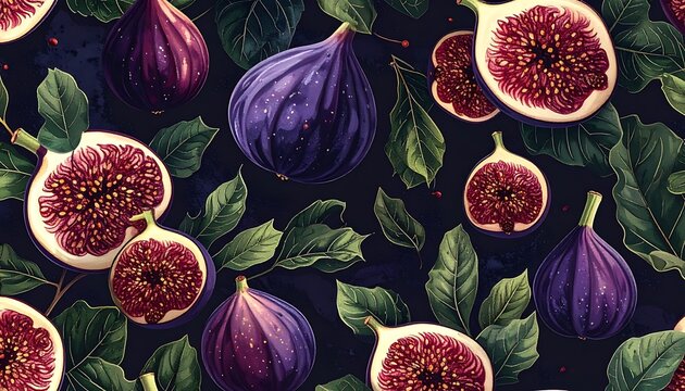 Close-up View of Fresh Ripe Figs and Fig Leaves Pattern on Dark Background, Botanical Illustration, Nature-Themed Design
