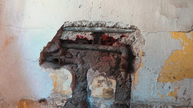 Damaged plaster wall exposing old rusty metal plumbing pipes