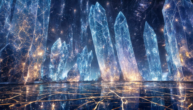 Massive glowing blue crystal pillars in a dark cavern with a reflective floor featuring golden light cracks and scattered sparkling light points
