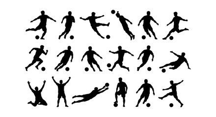 Soccer players silhouettes set, football player action poses with ball  © Deny