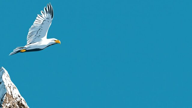 Majestic bald eagle flying high over snow capped mountain.