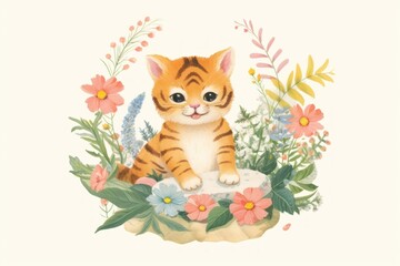 Fototapeta premium Baby tiger in flower garden animal mammal plant.