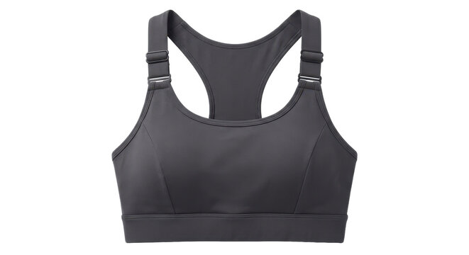 A sleek black sports bra on a white background, showcasing its racerback design and smooth fabric