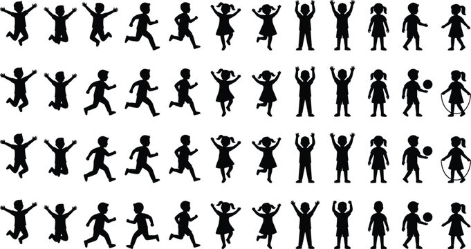 Children silhouettes, playful kids poses, jumping running dancing, skipping rope, ball games, joyful motion, childhood energy, dynamic activity vector illustration