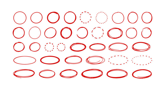 Red hand drawn circle arrows and highlight marker elements set, ovals brush strokes isolated on white background
