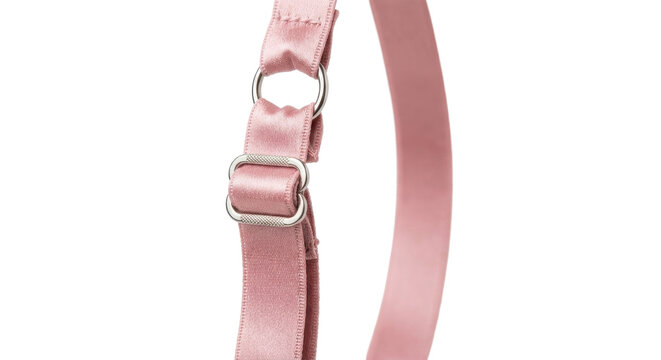 Close-up of pink satin suspender with silver buckle on white background