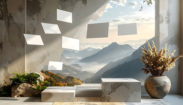 Modern Minimalist Interior With Floating Papers Overlooking Mountain Landscape Through Large Window