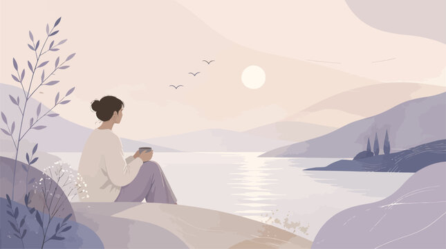 Woman Contemplating Serene Lake Landscape at Sunrise with Gentle Hills and Birds in Sky, Peaceful Moment of Reflection and Tranquility