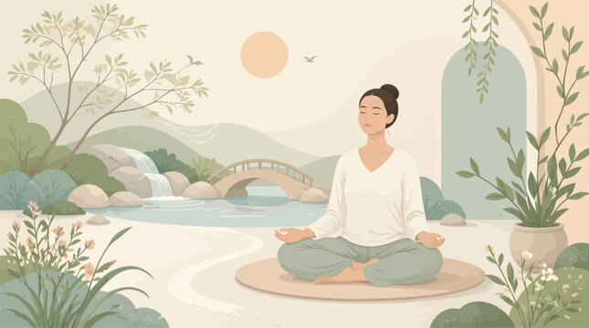 Woman Meditating in Zen Garden with Waterfall and Bridge, Peaceful Nature Scene for Wellness and Mindfulness Lifestyle