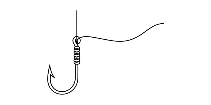 A sharp metal fishing hook tied with a strong nylon fishing line for catching fish in the water as a simple black and white graphic design icon