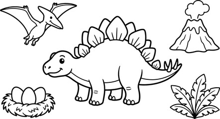 Cute Stegosaurus Dinosaur with Pterodactyl, Volcano, Nest Eggs, and Prehistoric Plant Coloring Page Set for Kids Books © Rafikul