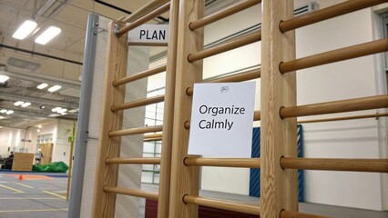 Obraz premium Wooden Climbing Frame with Organizational Sign in Indoor Gym Setting Encouraging Calmness and Focused Activities