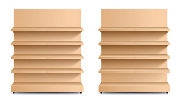 Pair Of Empty Wooden Retail Store Shelving Units Displayed Side By Side On White Background